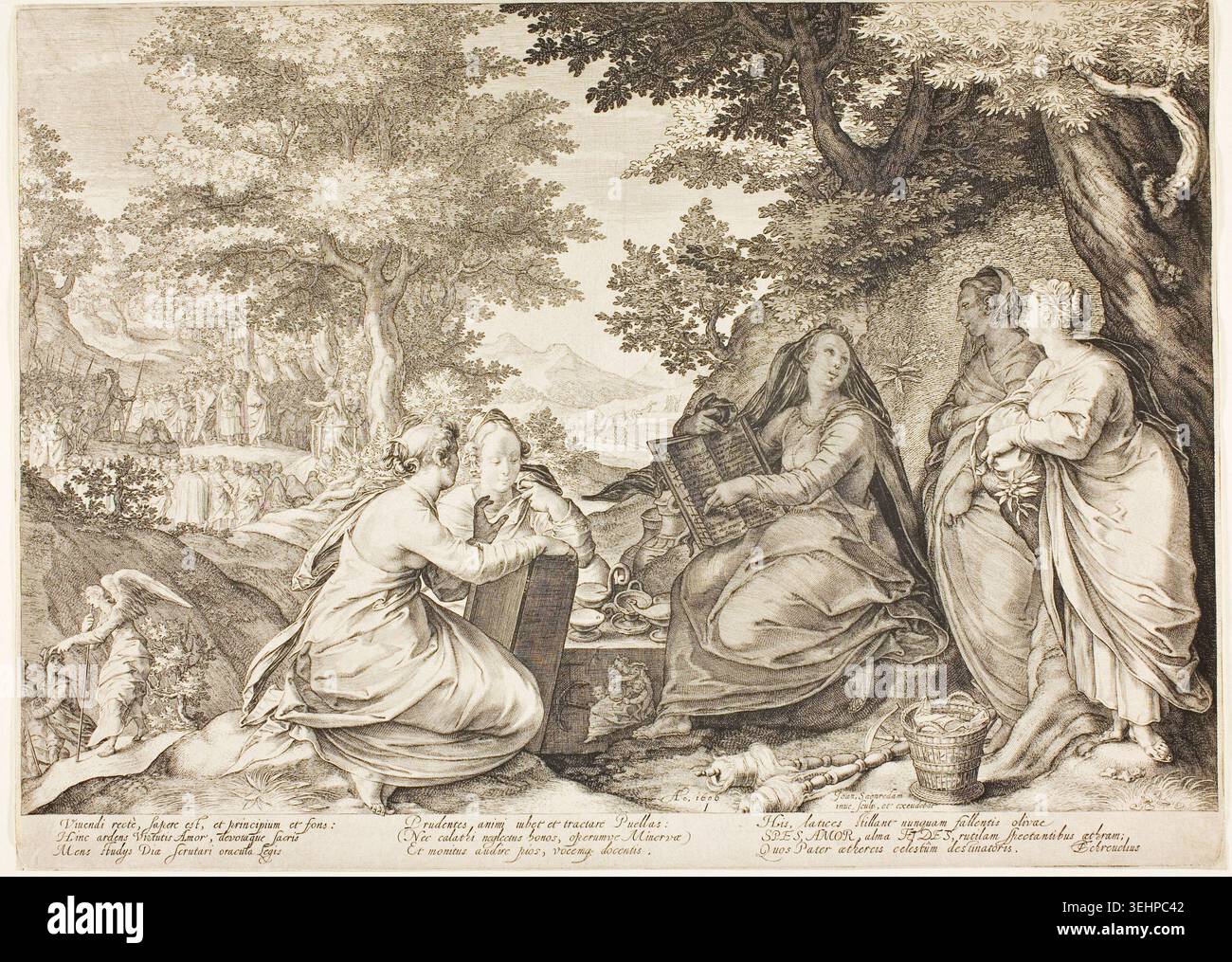 Tavola uno, da cinque saggi e cinque folli vergini di Jan Saenredam, 1606, raffigurante donne riunite in un paesaggio boscoso con strutture architettoniche e figure in animata conversazione e gesto Foto Stock
