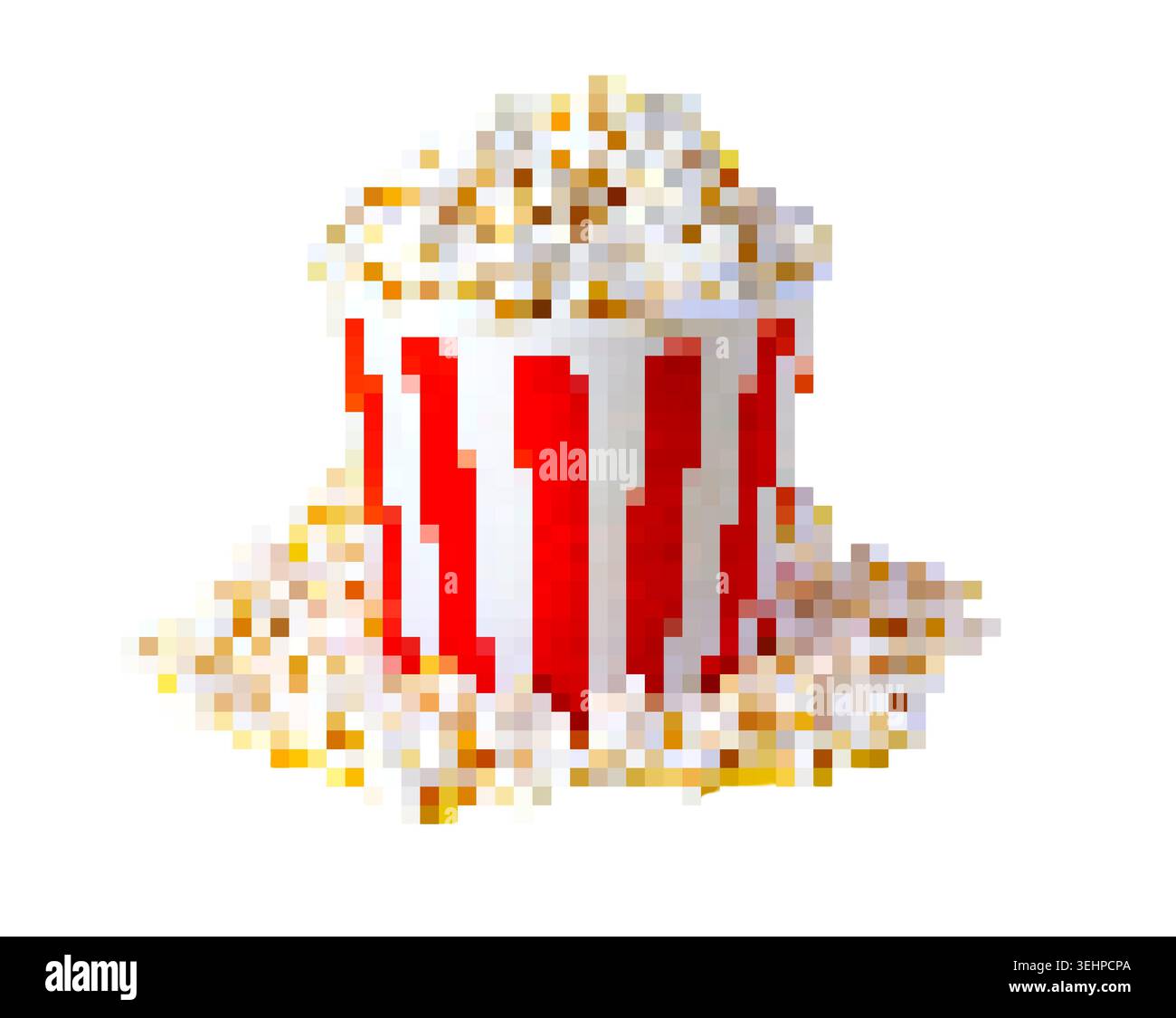 Pop corn che fuoriesce da un classico secchio a strisce, realizzato in stile pixel art Foto Stock