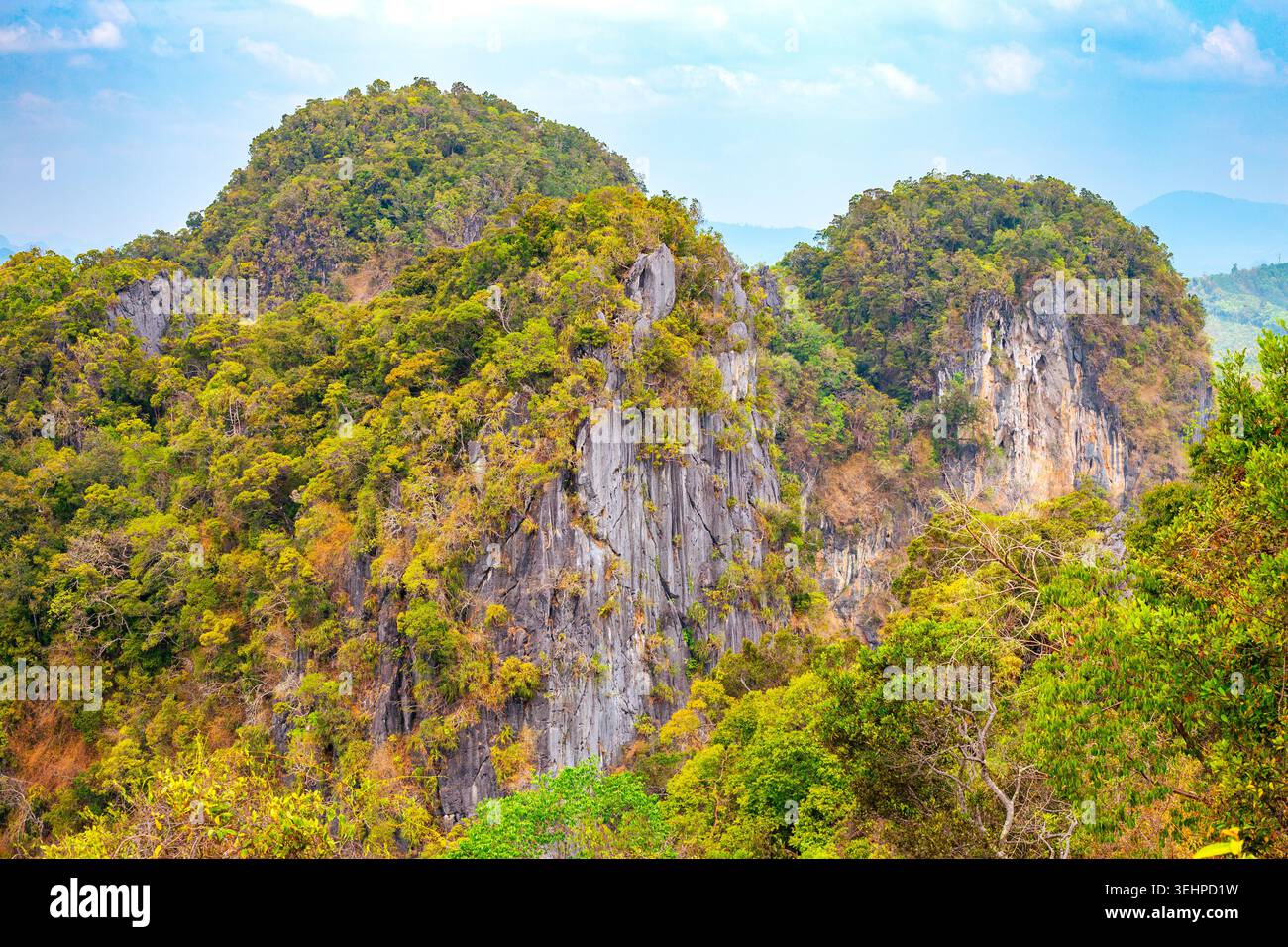 Spettacolari scogliere calcaree coperte da lussureggiante vegetazione tropicale sotto un cielo luminoso a Krabi in Thailandia. paesaggio montano, natura tropicale, destinazione di viaggio. Foto Stock