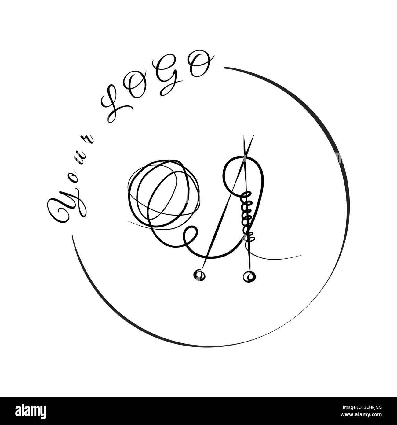 Design minimalista in bianco e nero che mostra filati di lana astratti e un ago da lavorazione all'interno di una cornice circolare pulita. Illustrazione Vettoriale