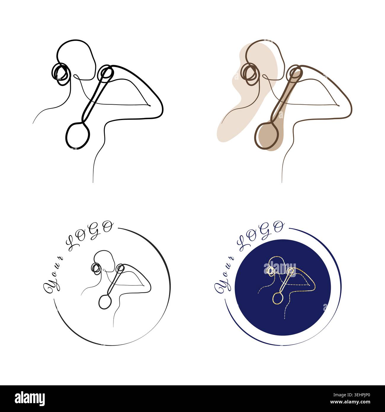Un disegno minimalista a linee continue di una figura femminile che regge un'elegante spazzola con manico lungo. Le varianti di design includono riempimenti a tinta unita e loghi circolari su sfondo bianco. Illustrazione Vettoriale