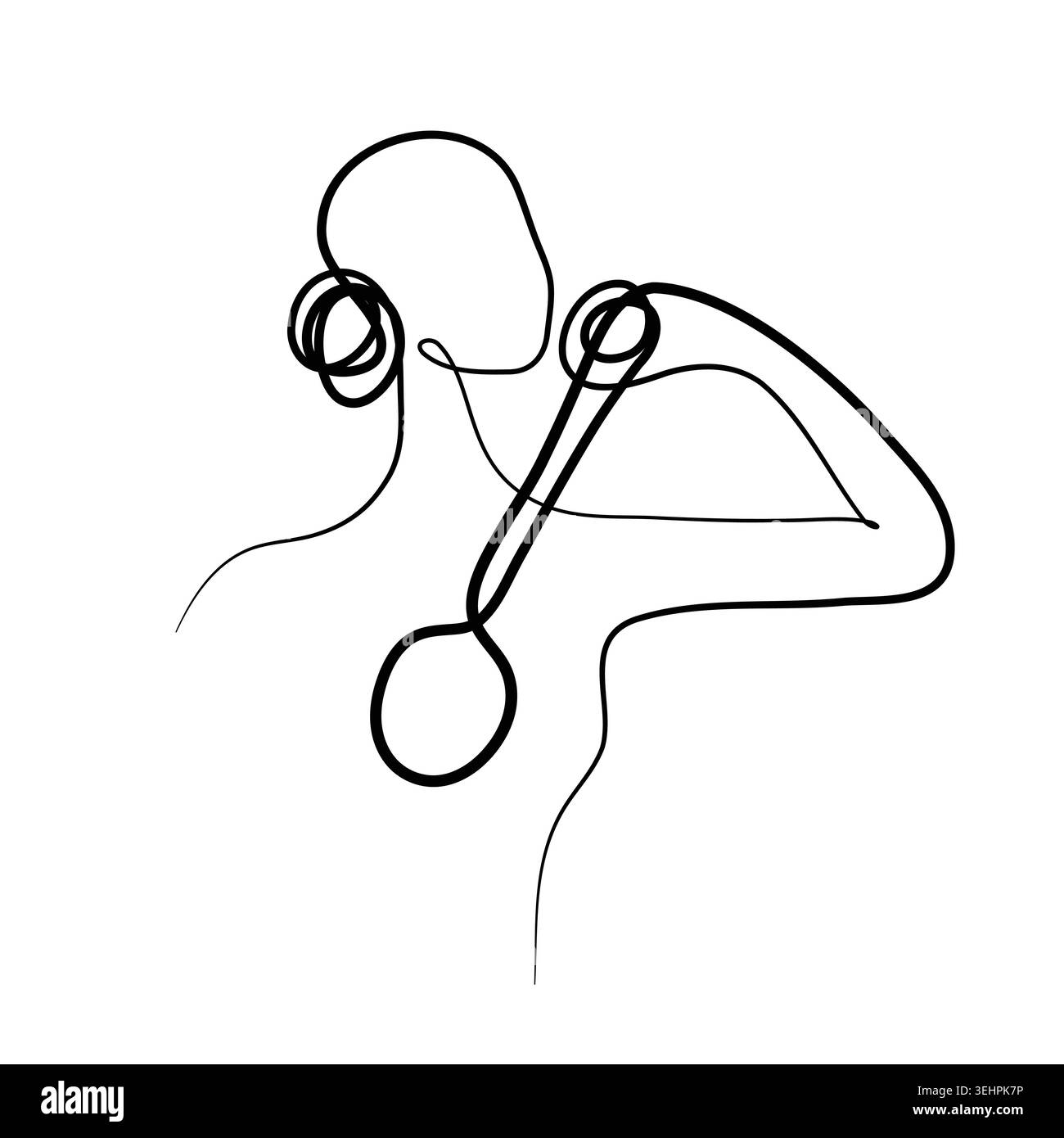 Un disegno a linea continua mostra una donna da dietro, che si pulisce la parte superiore della schiena con uno scrubber a manico lungo. Si allontana dalle spalle, intraprendendo un momento di igiene personale. Illustrazione Vettoriale