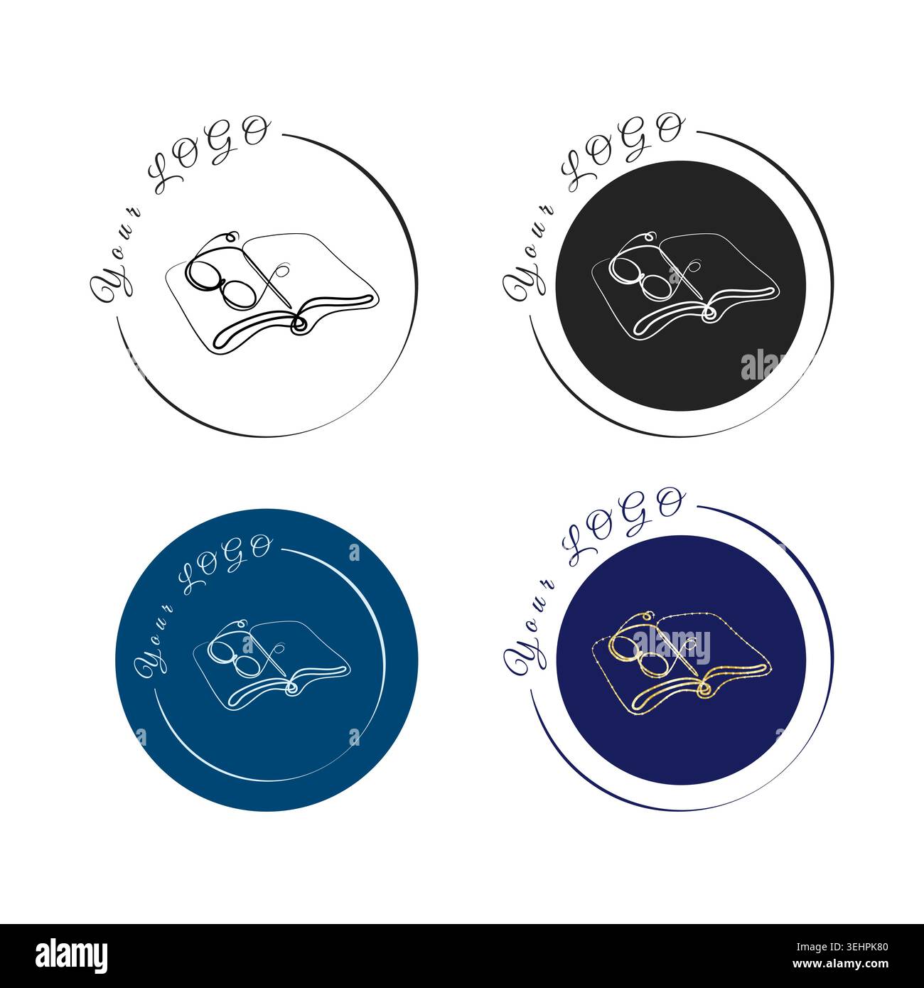 Quattro concetti di logo in linea continua con un libro aperto e occhiali da lettura. Illustrazione Vettoriale