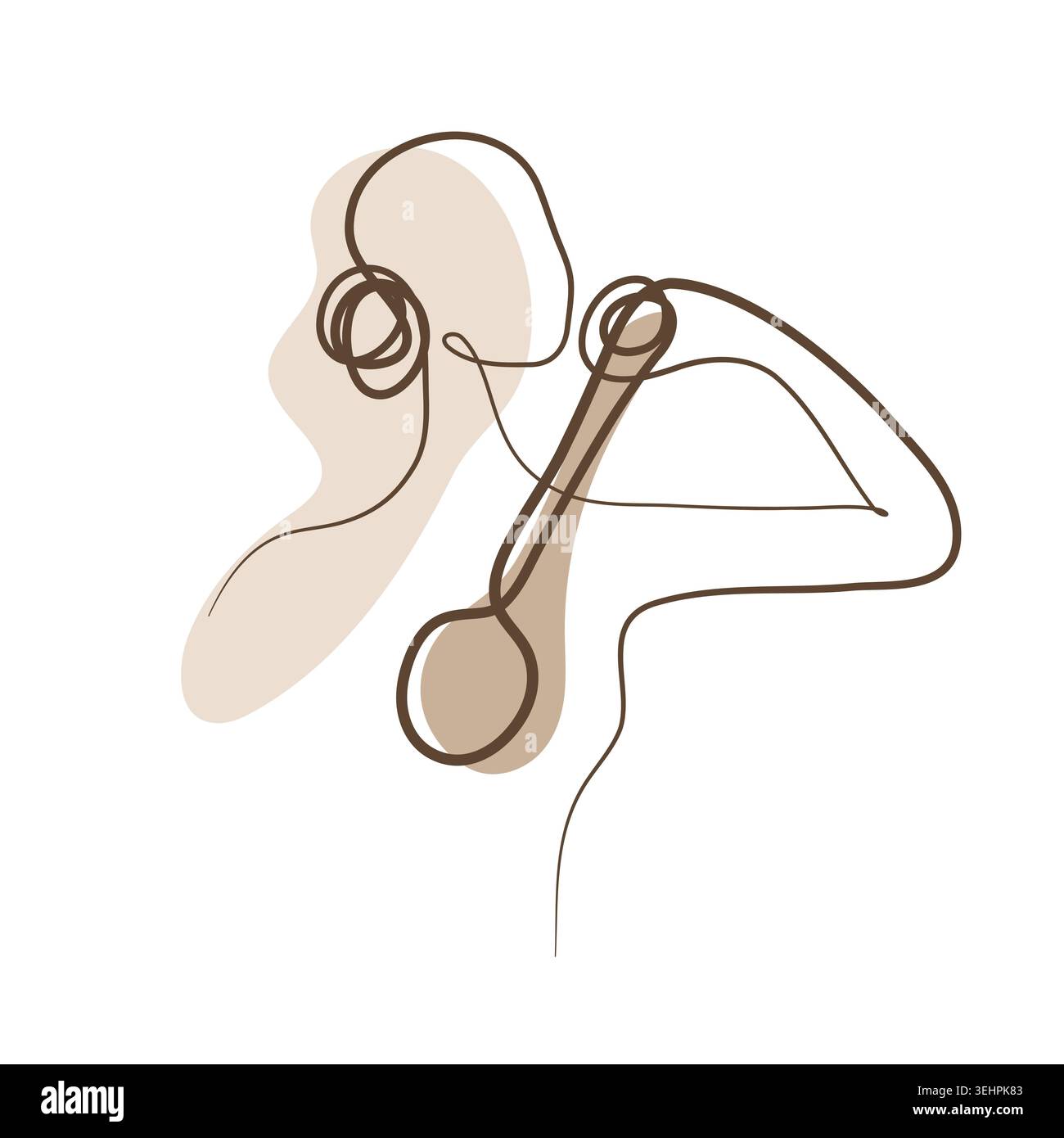 Un disegno a linea continua mostra una donna da dietro, che si pulisce la parte superiore della schiena con uno scrubber a manico lungo. Si allontana dalle spalle, intraprendendo un momento di igiene personale. Illustrazione Vettoriale