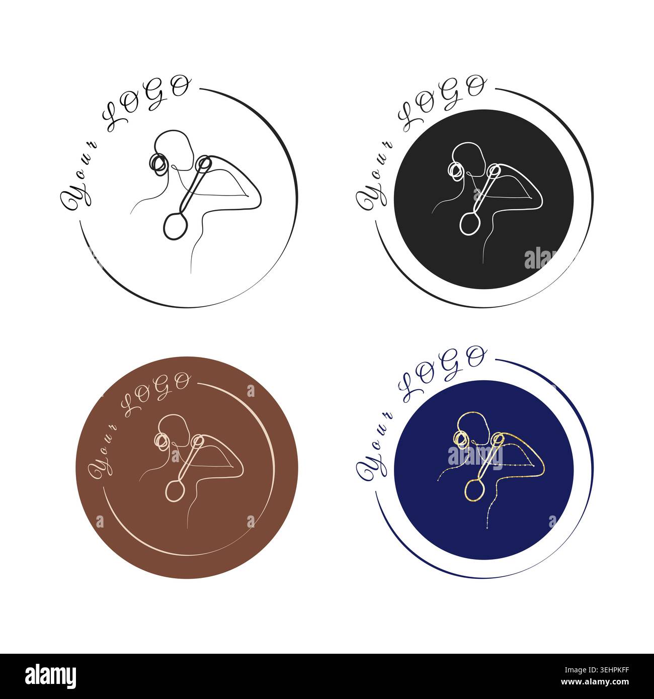 Un disegno minimalista a linee continue di una figura femminile che regge un'elegante spazzola con manico lungo. Le varianti di design includono riempimenti a tinta unita e loghi circolari su sfondo bianco. Illustrazione Vettoriale