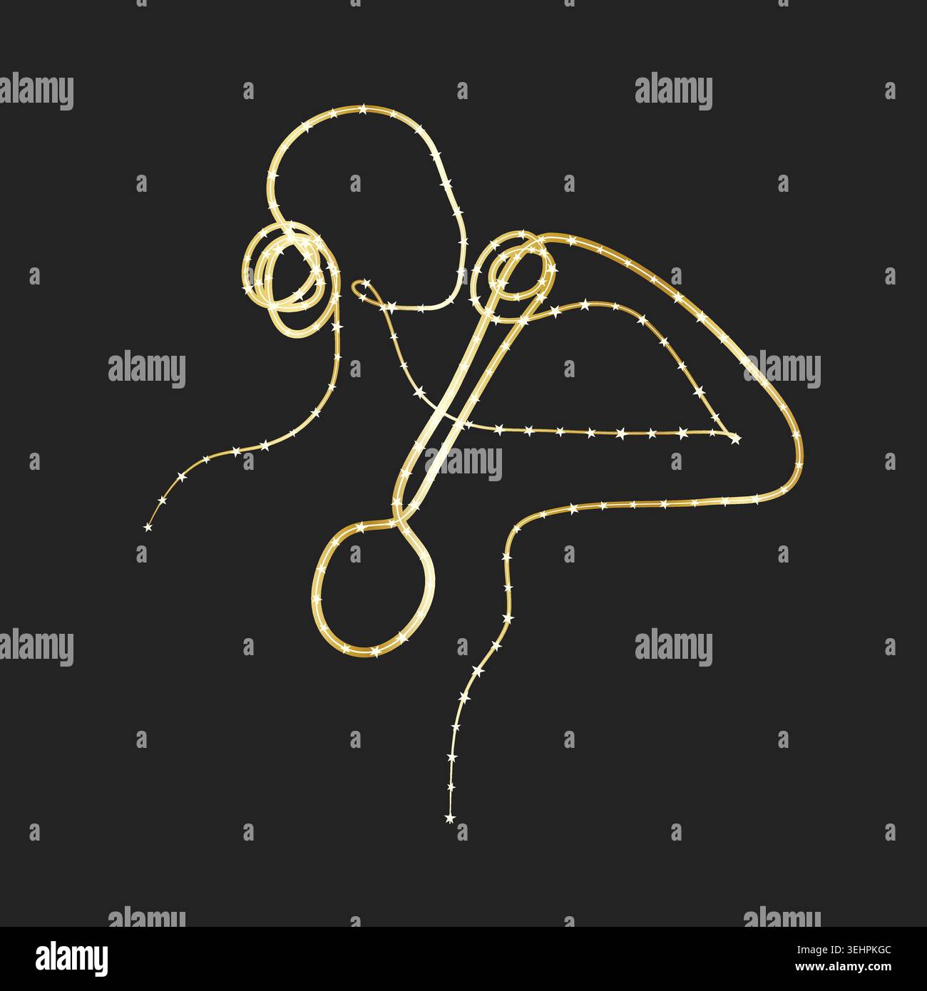 Un disegno minimalista a linea continua mostra una persona che si muove indietro. Utilizzano un pennello a manico lungo, che si allunga dietro la schiena su uno sfondo nero. Illustrazione Vettoriale
