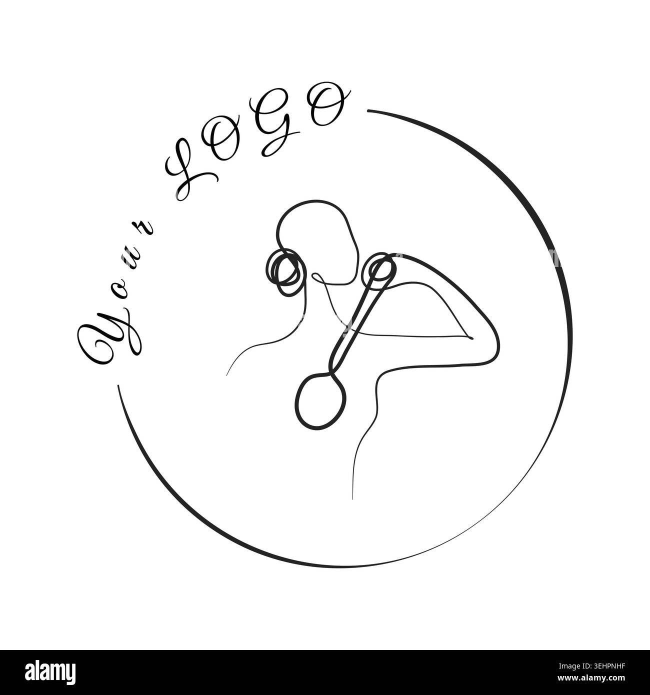 Un disegno minimalista a linee continue di una figura femminile che regge un'elegante spazzola con manico lungo. Le varianti di design includono riempimenti a tinta unita e loghi circolari su sfondo bianco. Illustrazione Vettoriale
