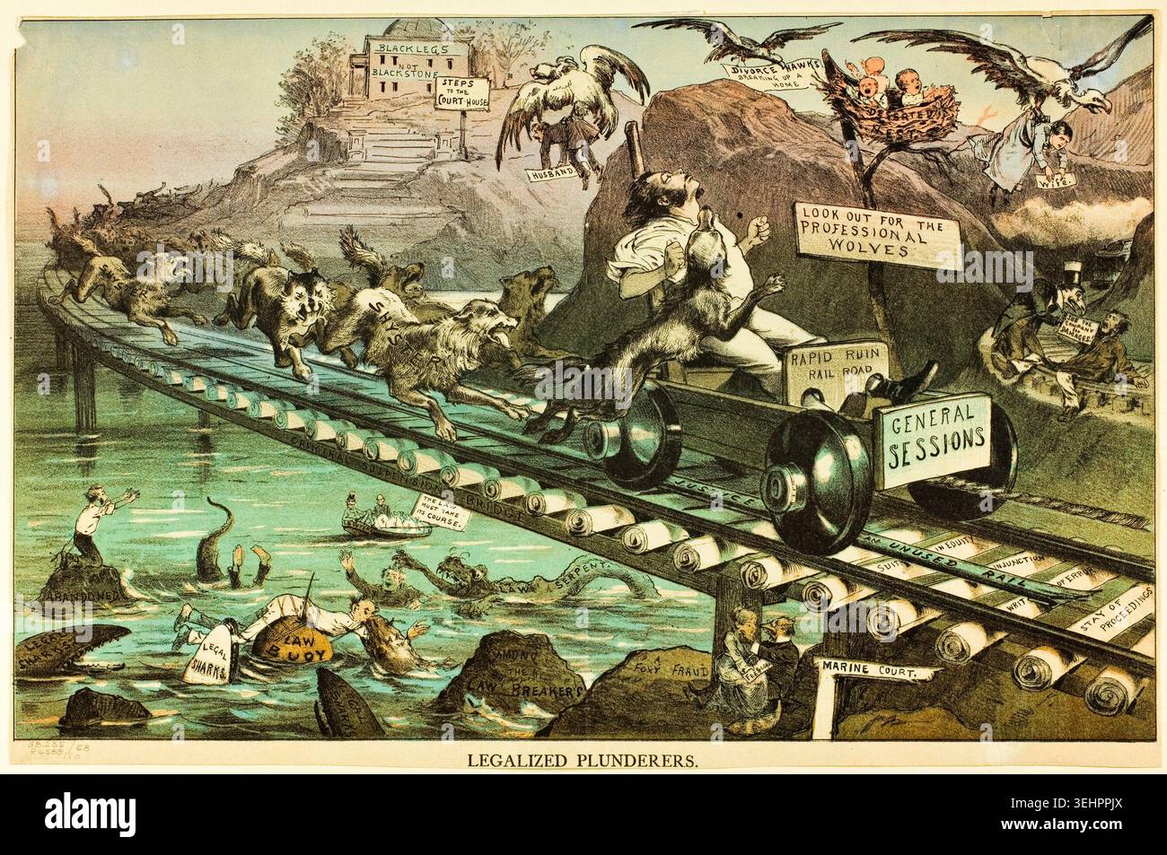 Legalized Plunderers by Unknown Artist, 1880, stampa satirica raffigurante i lupi che gestiscono un sistema ferroviario di corruzione e avidità, con giudici, politici e interessi aziendali che traggono profitto da schemi etichettati come rapida rovina, sessioni generali e tribunale marino Foto Stock