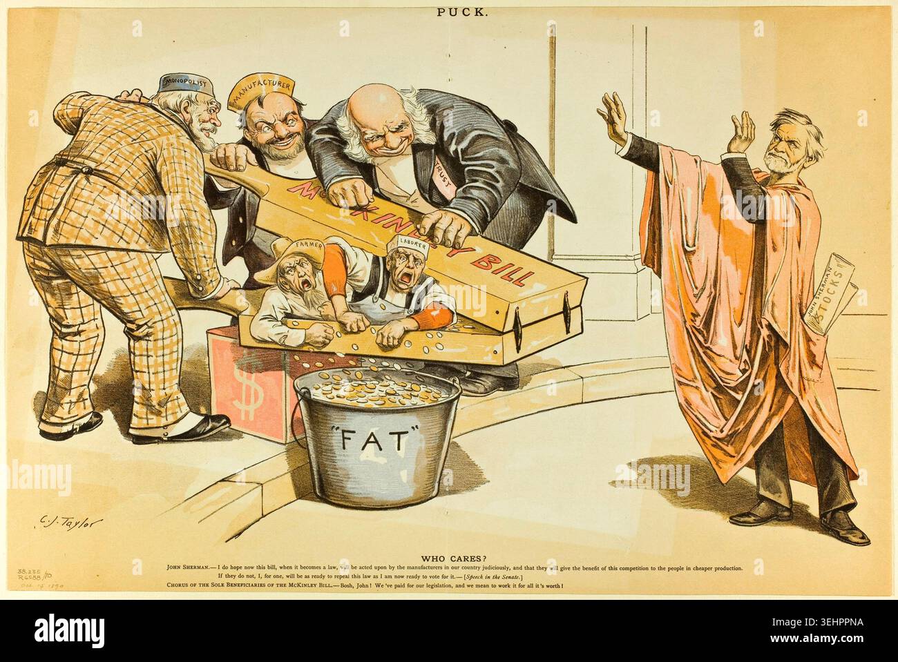 Chi se ne frega? Di C. Jay Taylor, pubblicato il 15 ottobre 1890, raffigurando ricchi industriali e produttori che alimentano i lavoratori in un macinacaffè etichettato "grasso", mentre un avvocato del lavoro gestiva in segno di protesta Foto Stock