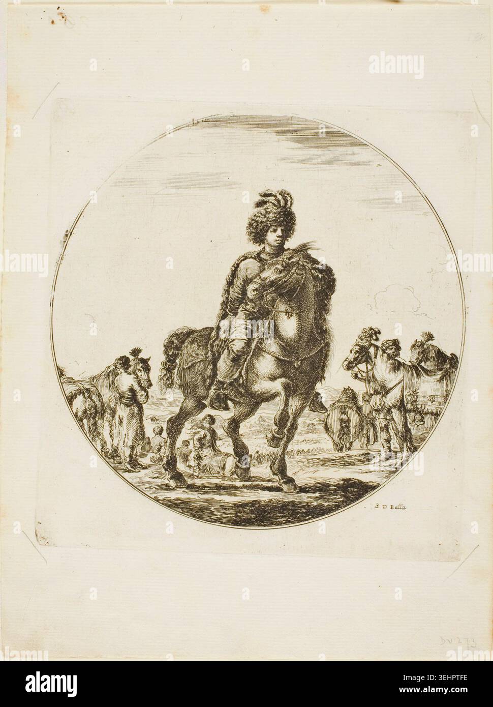 Cavaliere ungherese di Stefano della bella, 1651 ca., raffigurante un cavaliere elegantemente vestito su un cavallo che potenzia, circondato da assistenti e soldati in un ambiente paesaggistico Foto Stock