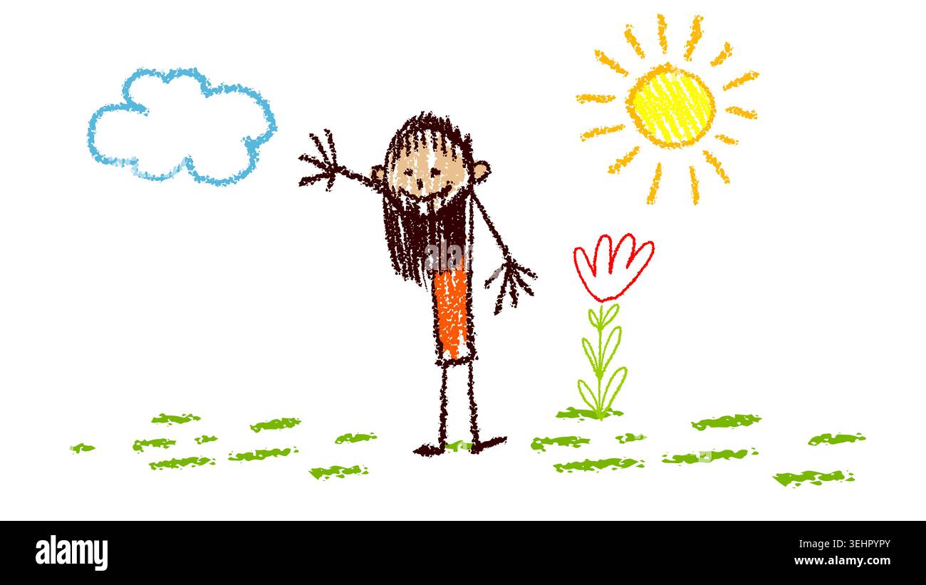 Disegno di un bambino di un uomo con la barba su un prato. Disegnato a mano. Non ai, illustrazione vettoriale. Illustrazione Vettoriale