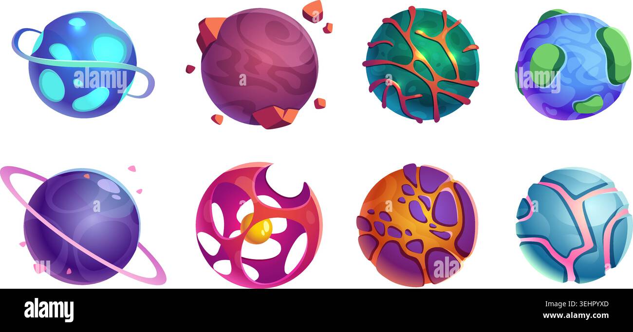 Pianeti. Sfondo spaziale cartoni animati con bellissimi pianeti set di modelli vettoriali esatti Illustrazione Vettoriale
