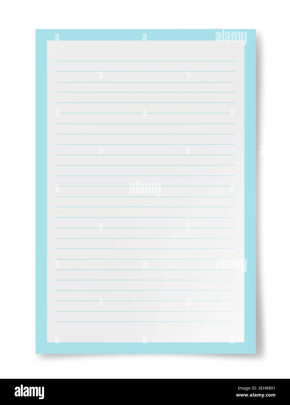 Foglio di carta per notebook con righe orizzontali blu; isolato su sfondo bianco; con bordo sottile ed effetto ombra morbido; ideale per schoo Foto Stock