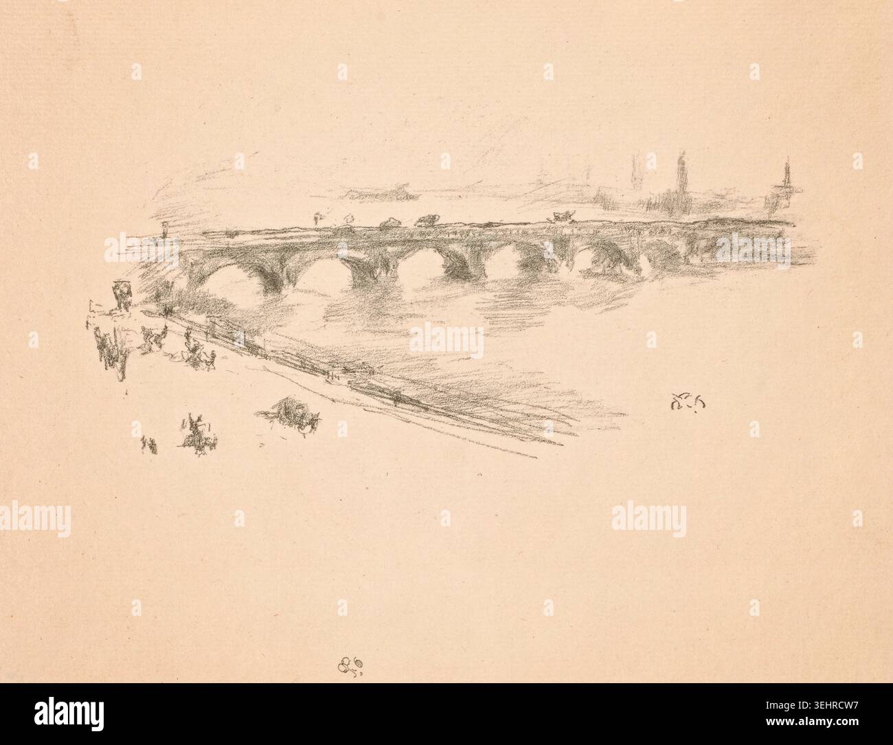 Sera, Little Waterloo Bridge di James McNeill Whistler, 1896 anni, raffigurante un ponte ad arco che attraversa un fiume con un paesaggio urbano lontano e figure sulle rive Foto Stock