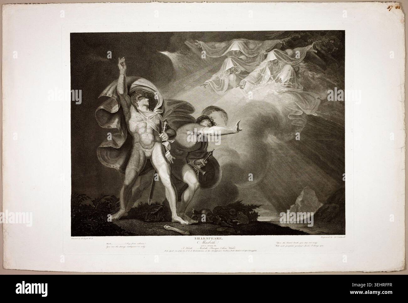 Le streghe appaiono a Macbeth e Banquo di James Caldwall dopo Henry Fuseli, 1798, raffigurando figure soprannaturali che si materializzano davanti a due uomini armati in un paesaggio illuminato dalla luna Foto Stock