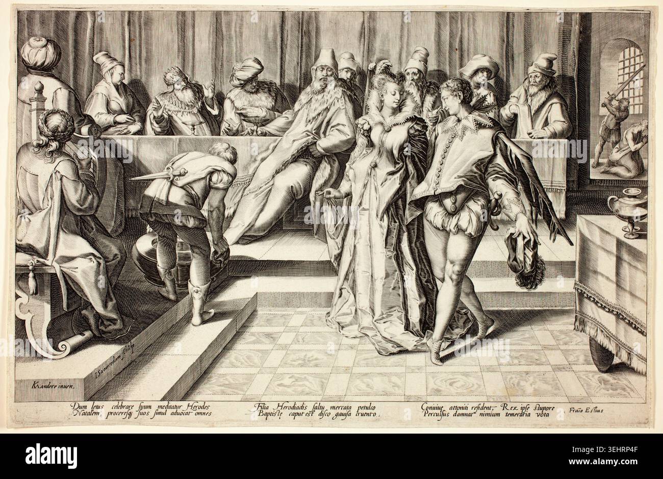 Salome Danza prima di Erode di Jan Saenredam dopo Karel van Mander, c. 1592, raffigurante il ballerino biblico che si esibisce davanti al re e alla sua corte in un interno opulento Foto Stock