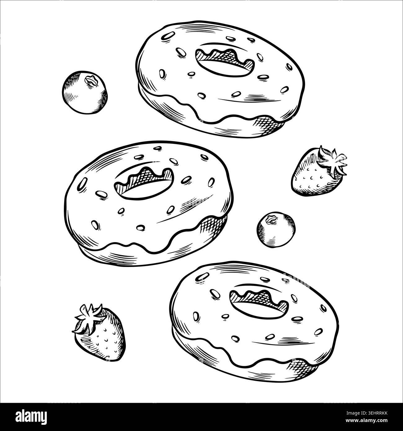 Composizione con dolci vettoriali, ciambella con frutti di bosco. Ciambelle, dolci, pasticcini per menu, arredamento, elementi. Illustrazione Vettoriale
