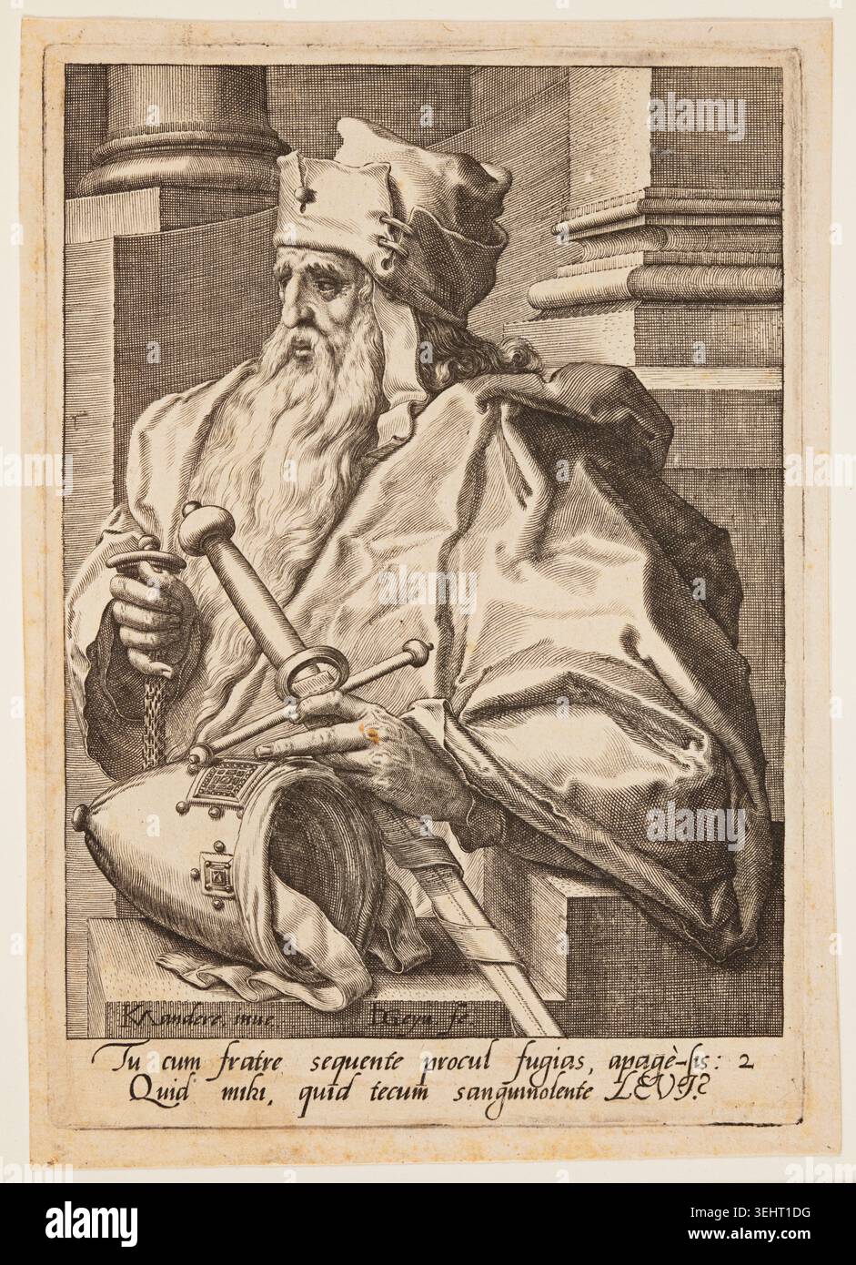 Levi, dai dodici figli di Giacobbe di Jacob de Gheyn II, c. 1589, raffigurante un anziano patriarca barbuto in vesti e alta testa, tenendo un rotolo e il bastone, seduto in un interno architettonico Foto Stock