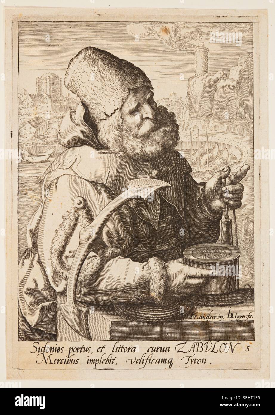 Zebulon di Jacob de Gheyn II, c. 1589, raffigurante un patriarca biblico barbuto in abiti rivestiti di pelliccia che reggono un bastone, seduto in un paesaggio con un porto lontano e una città fortificata Foto Stock
