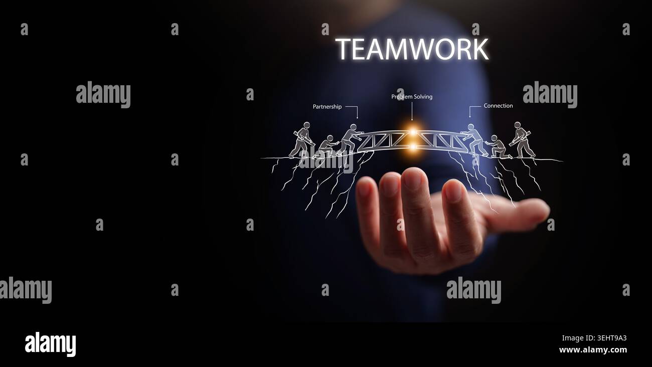 Mano che tiene il ponte del lavoro di squadra disegnando con le persone che costruiscono una connessione attraverso una fessura. Collaborazione aziendale, partnership, risoluzione dei problemi, unità, supporto Foto Stock