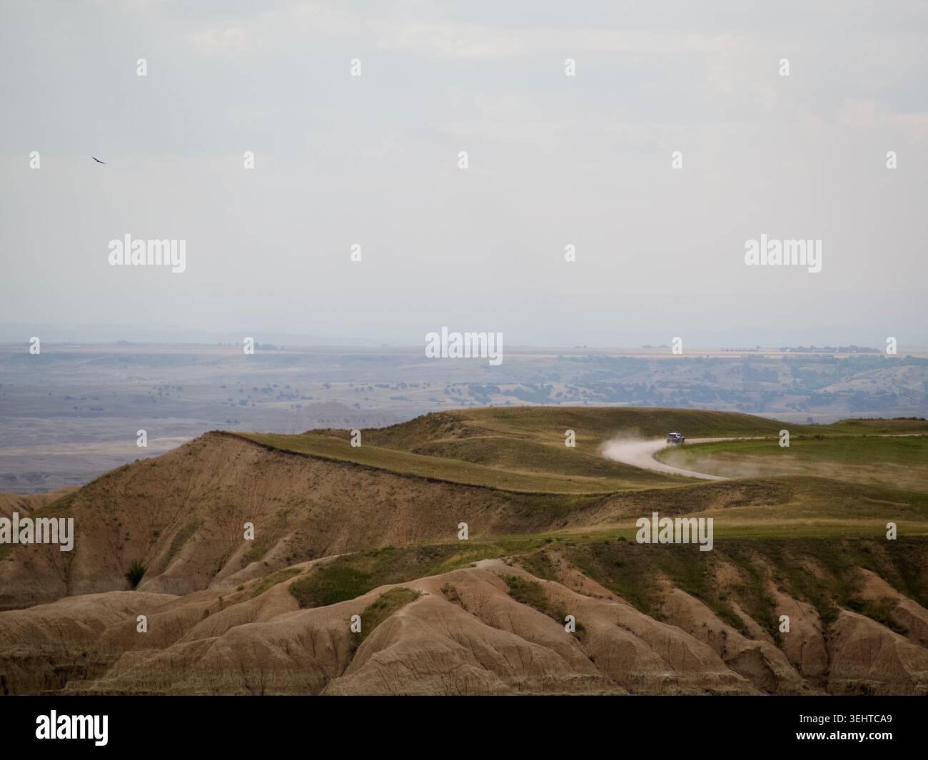 Un veicolo viaggia in solitudine lungo una strada sterrata polverosa attraverso le calanchi ondulate del South Dakota. Foto Stock
