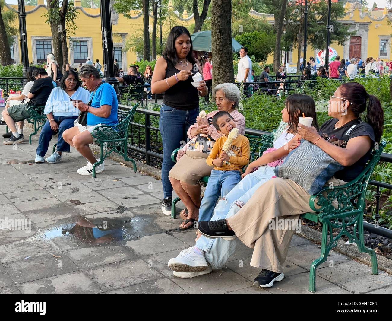 Gli abitanti del posto si rilassano con un gelato sulle panchine a Jardín Hidalgo, nel centro storico di Coyoacán, città del Messico, Messico Foto Stock