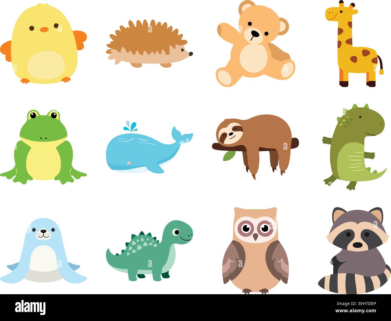 Un set di illustrazioni piatte colorate con simpatici personaggi animali Illustrazione Vettoriale