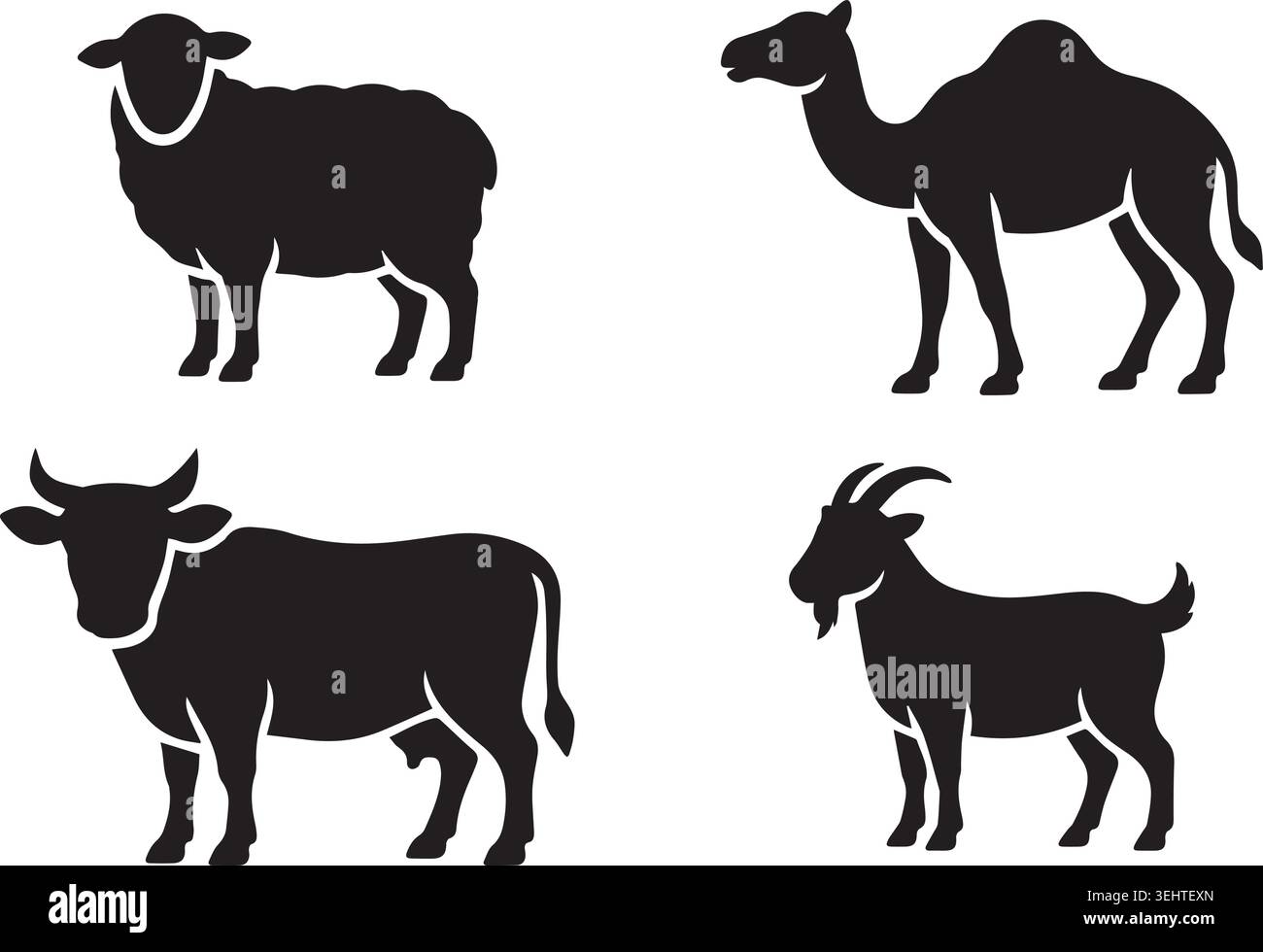 Collezione di silhouette di animali da allevamento isolati su bianco con pecora, cammello, mucca e capra Illustrazione Vettoriale