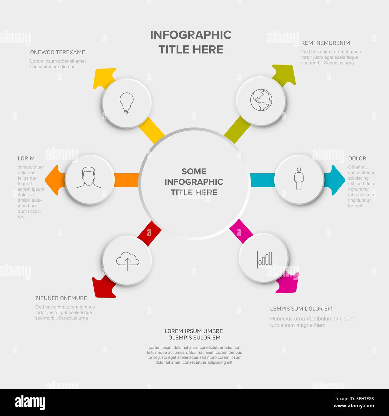Un diagramma di processo infografico di business pulito con sei frecce colorate e icone circolari. Questa infografica versatile è perfetta per la visualizzazione di un Illustrazione Vettoriale