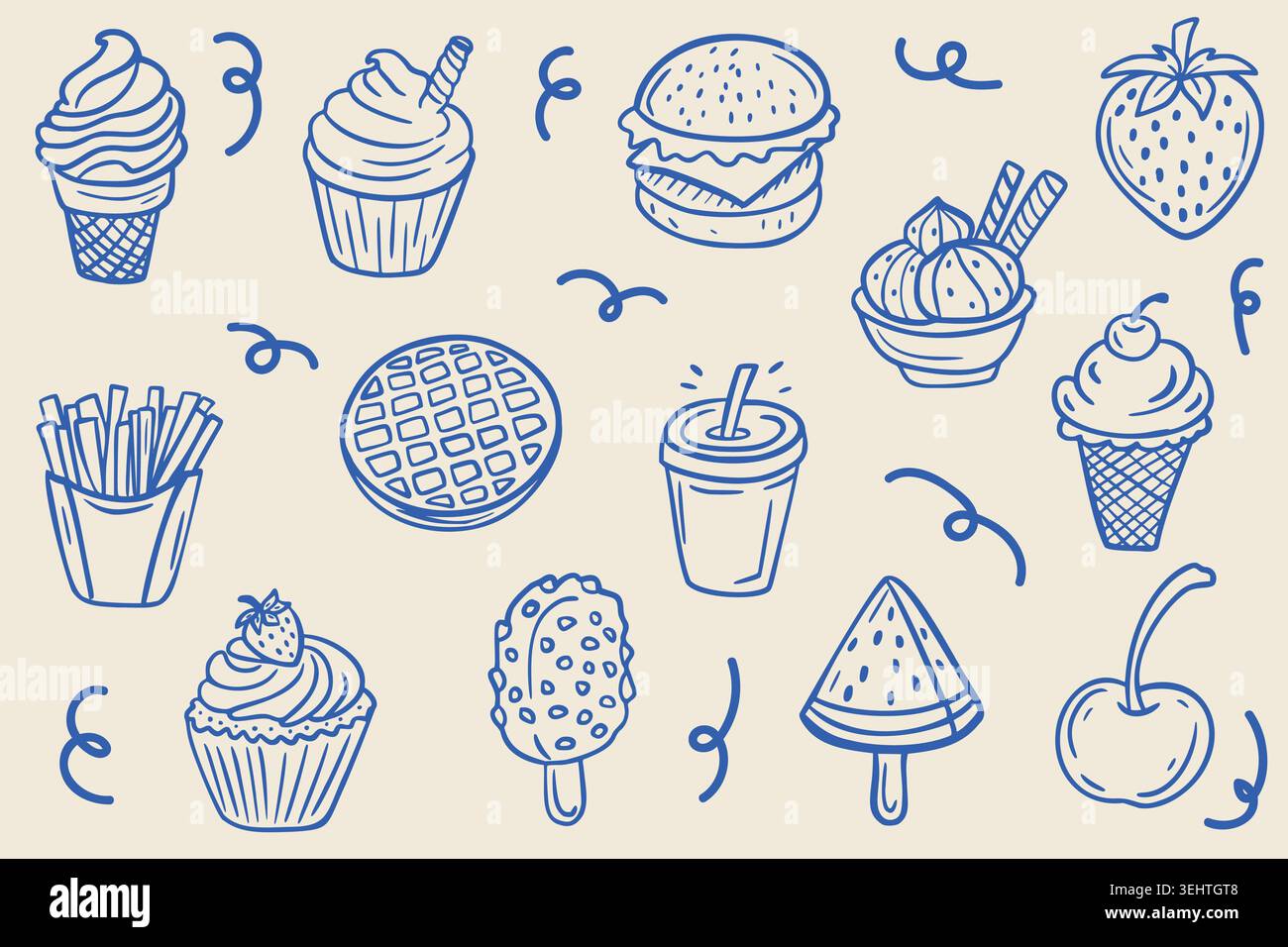 tortini di gelato e dolci in stile blu Illustrazione Vettoriale