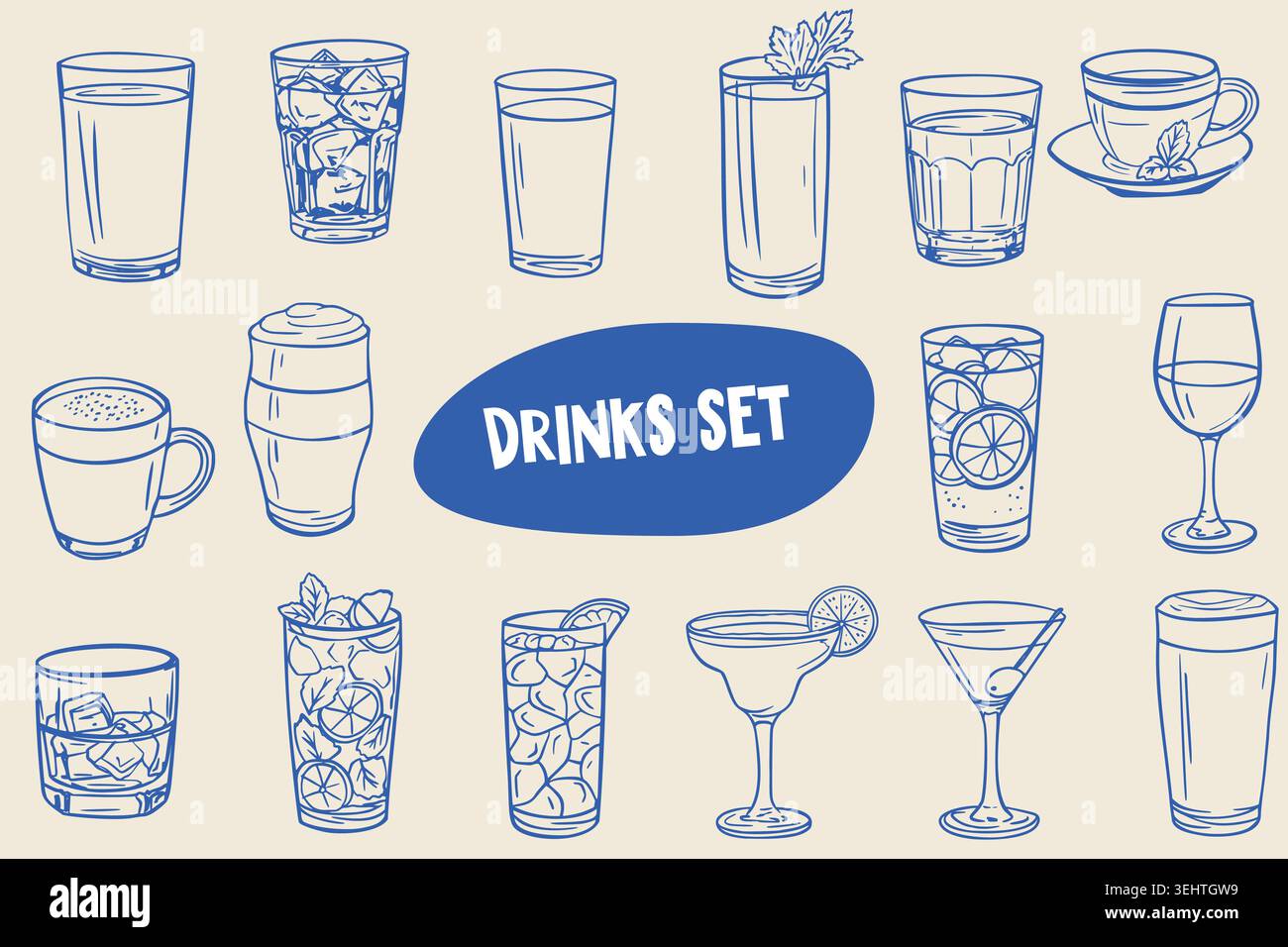 Set di bevande con cocktail, caffè e bicchieri da bevande in stile blu Illustrazione Vettoriale