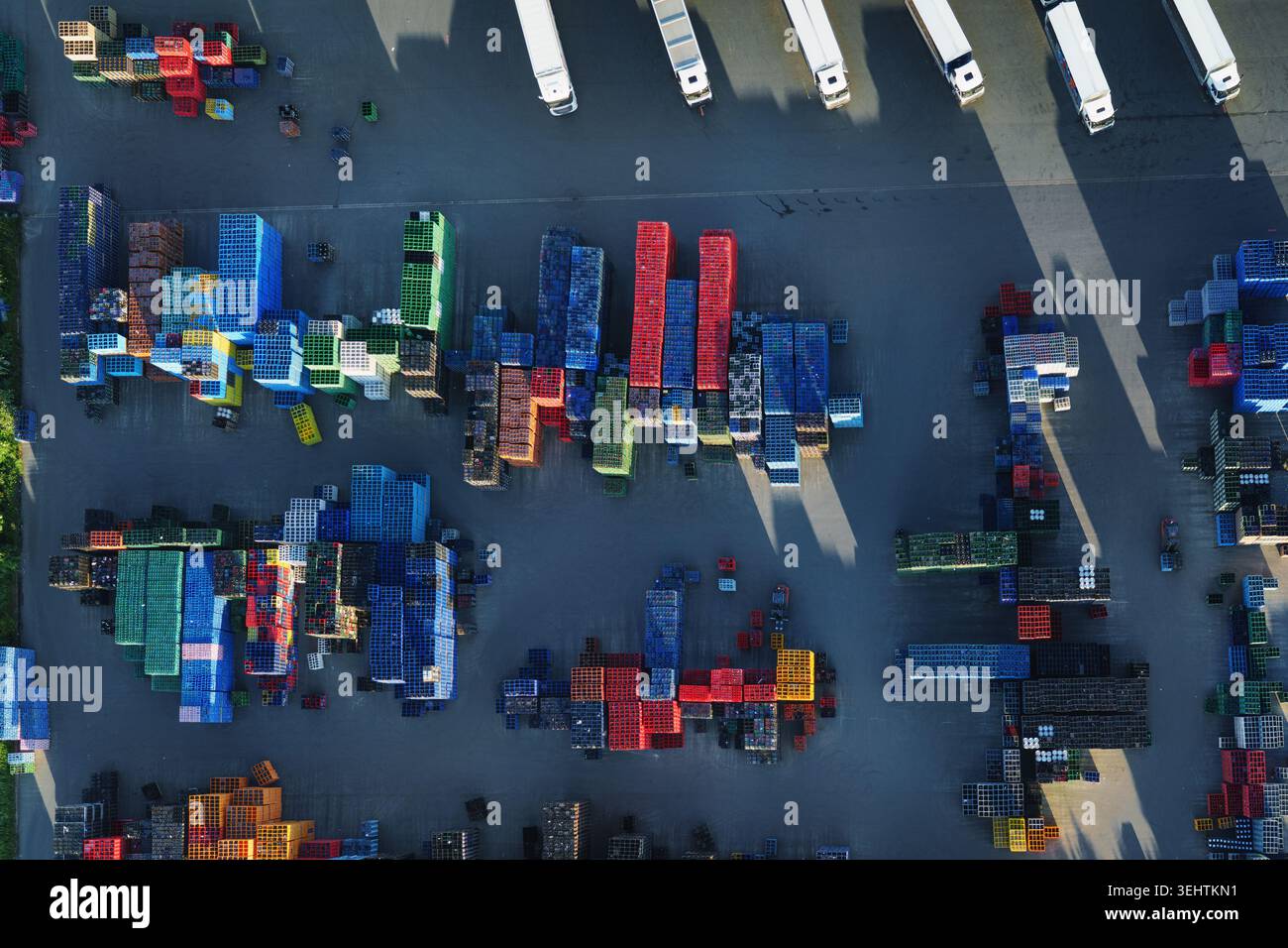 Vista panoramica di un grande e moderno centro di distribuzione. Molti camion parcheggiano presso le banchine di carico. Gli elevatori a forche gestiscono attivamente il carico, mostrando logistica e freschezza Foto Stock