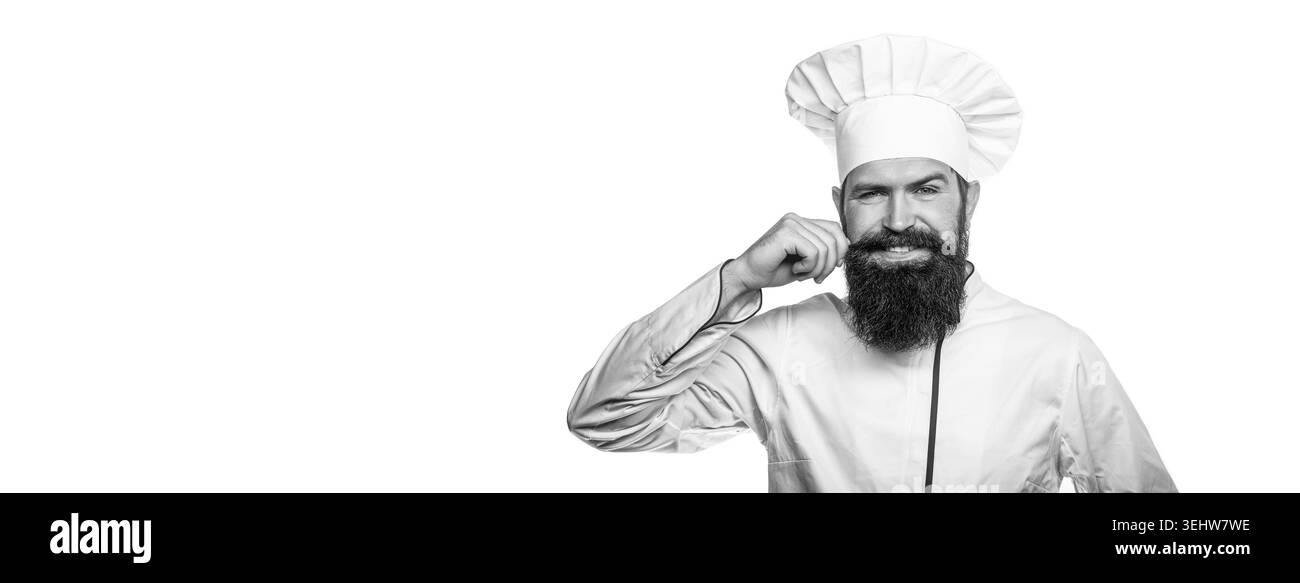Chef isolati sul bianco. Ritratto di un cuoco felice. Cappello da cucina. Chef barbuto, cuochi o fornaio. Bianco e nero Foto Stock