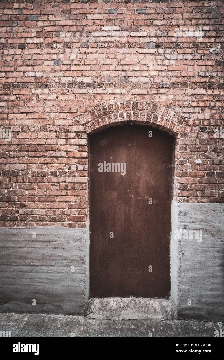 Salito su una porta ad arco in legno in un muro di mattoni intemprati Foto Stock