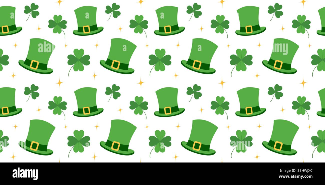 Leprechaun Hat shamrock, quatrefoils, Stars Seamless Pattern St Patrick Day Backdrop Banner. Tessuto vettoriale isolato o carta da parati, carta da imballaggio, design di imballaggi e merchandising stagionale, tag Illustrazione Vettoriale