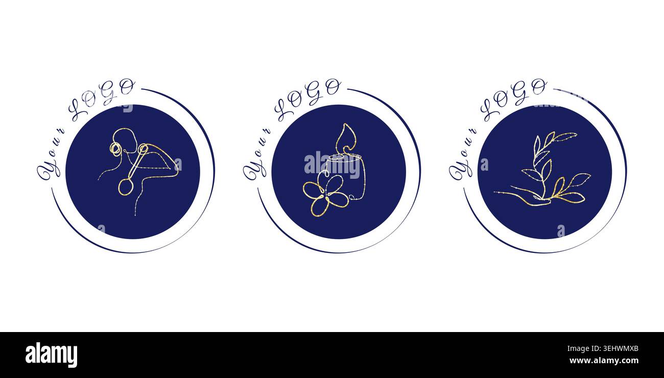 Tre esclusivi loghi circolari mostrano disegni a linee d'oro su sfondi blu scuro. Il primo logo presenta una figura graziosa, il secondo una candela con un fiore e il terzo una mano che tiene una pianta. Illustrazione Vettoriale