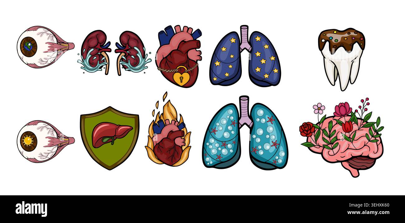 Set di illustrazioni stilizzate di organi umani tra cui occhi, reni, cuore, polmoni, fegato, e cervello, vettore Illustrazione Vettoriale
