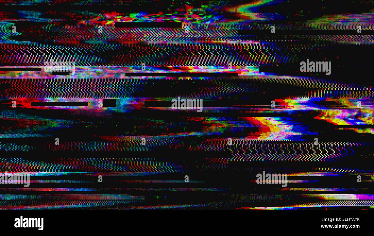 Sfondo glitch RGB astratto con linee di scansione VHS, distorsione digitale e interferenze di segnale colorato Illustrazione Vettoriale