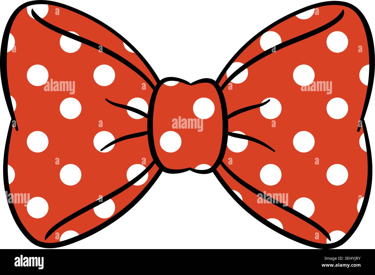 Graziosa illustrazione con fiocco a pois rosso con contorno nero, stile cartoni animati isolato su sfondo chiaro. Fermaglio decorativo del nastro disegnato a mano Illustrazione Vettoriale