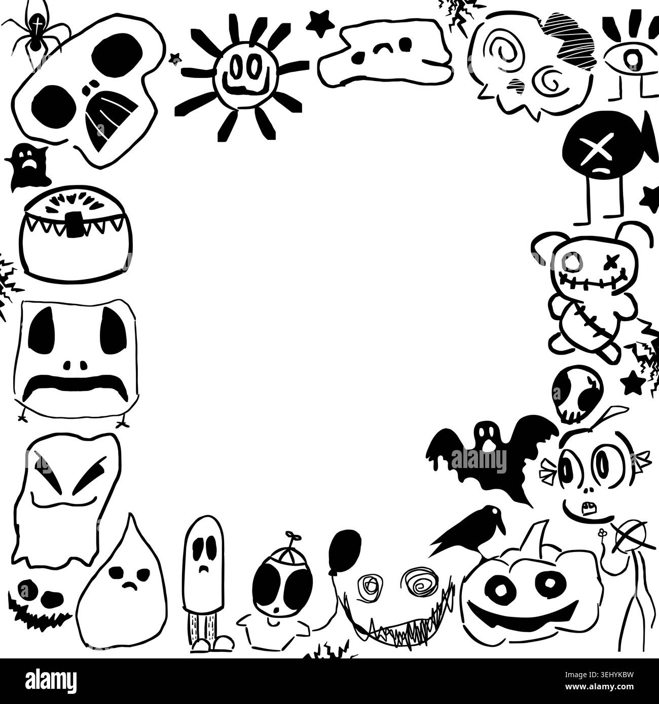 Boo. Buon Halloween, carini mostri in bianco e nero. disegnato a mano. Non ai, illustrazione vettoriale Illustrazione Vettoriale