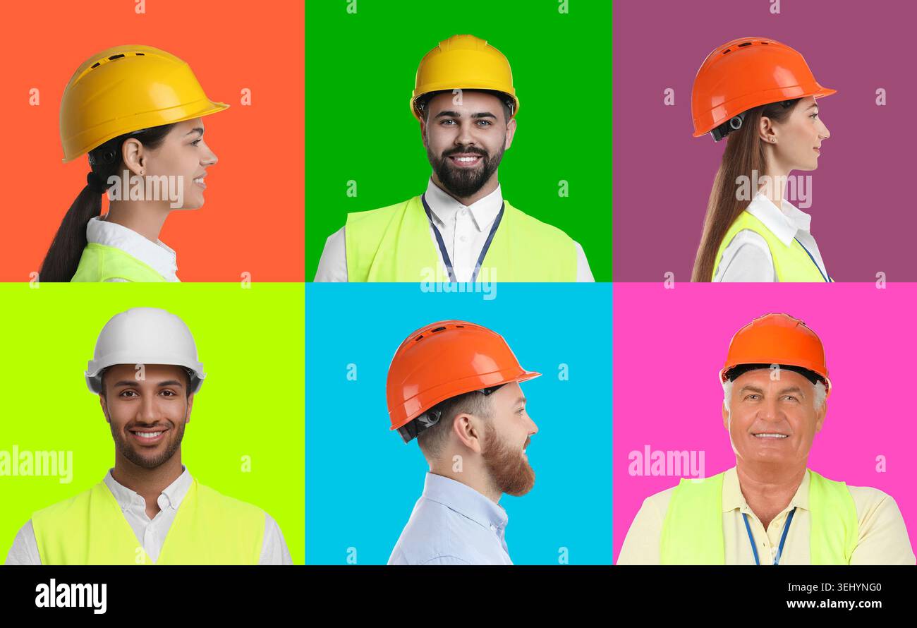 Ingegneri con elmetti. Raccolta di ritratti su sfondi a colori Foto Stock