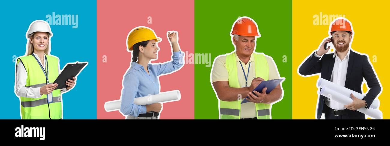 Ingegneri con elmetti. Raccolta di ritratti su sfondi a colori Foto Stock