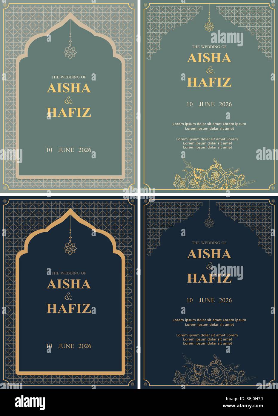 Set di template per la carta d'invito per matrimoni islamici con elegante motivo geometrico arabo dorato, sfondo ad arco di lusso ed elementi floreali Illustrazione Vettoriale