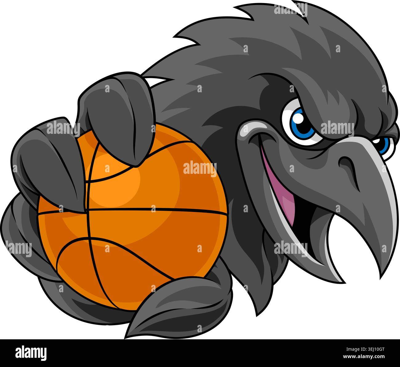 Un corvo, un corvo, una torre o un altro cartone animato di uccelli neri sport mascotte con una palla da basket. Illustrazione Vettoriale