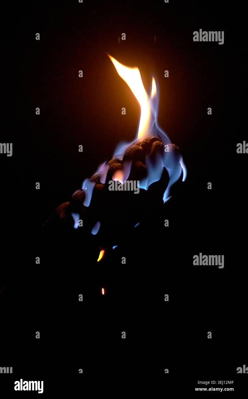 Fiamme blu e arancioni astratte che si muovono vigorosamente al buio, creando tracce di luce Foto Stock