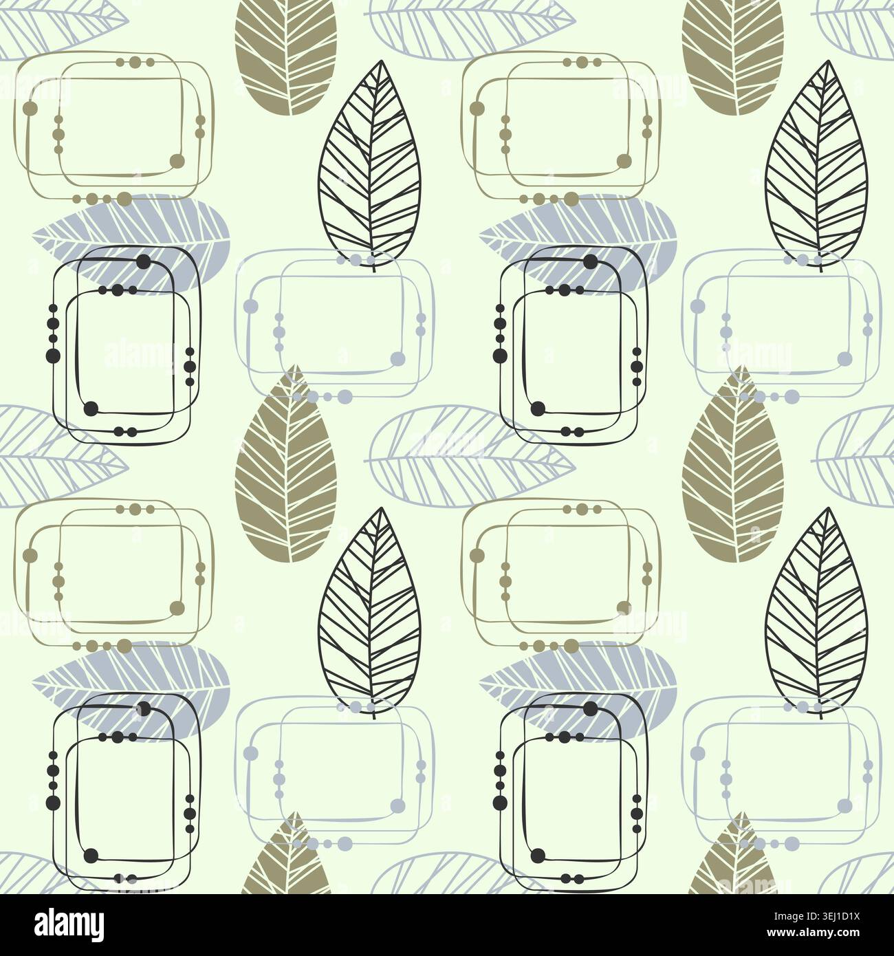 Motivo retrò senza cuciture con cornici e foglie lineari astratte in salvia pastello, verde oliva e blu per un design tessile moderno, carta da rivestimento e sfondo Illustrazione Vettoriale