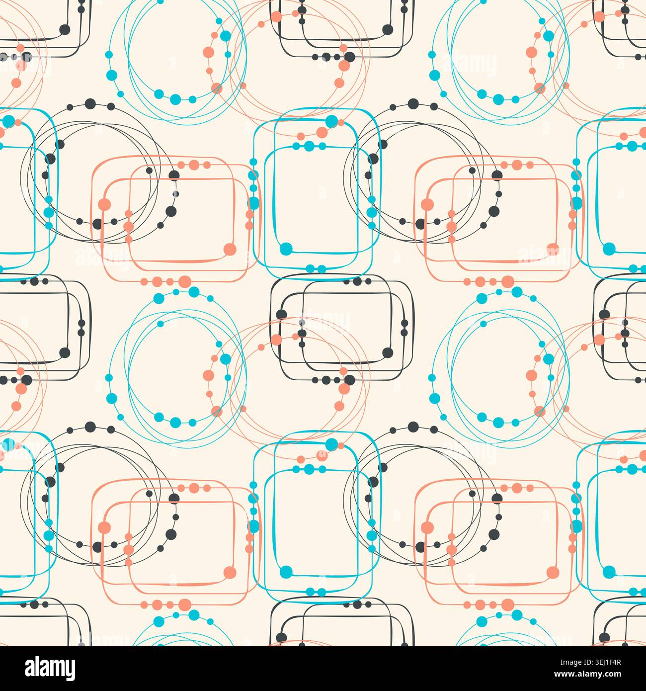 Motivo retrò senza cuciture della metà del secolo con cornici geometriche lineari astratte e puntini in turchese, pesca e grigio scuro su sfondo crema per un look moderno Illustrazione Vettoriale