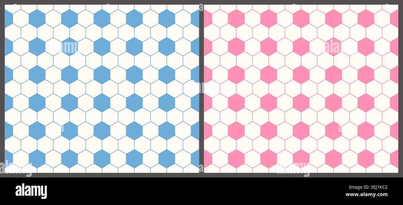 Set di fantasie vettoriali senza cuciture esagonali rosa e blu, superficie geometrica della pallina da calcio per inviti alla doccia del bambino Illustrazione Vettoriale