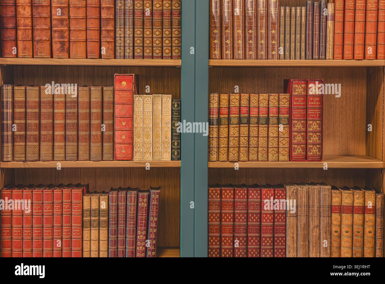 Libri vintage rilegati in pelle su scaffali in legno della biblioteca Foto Stock
