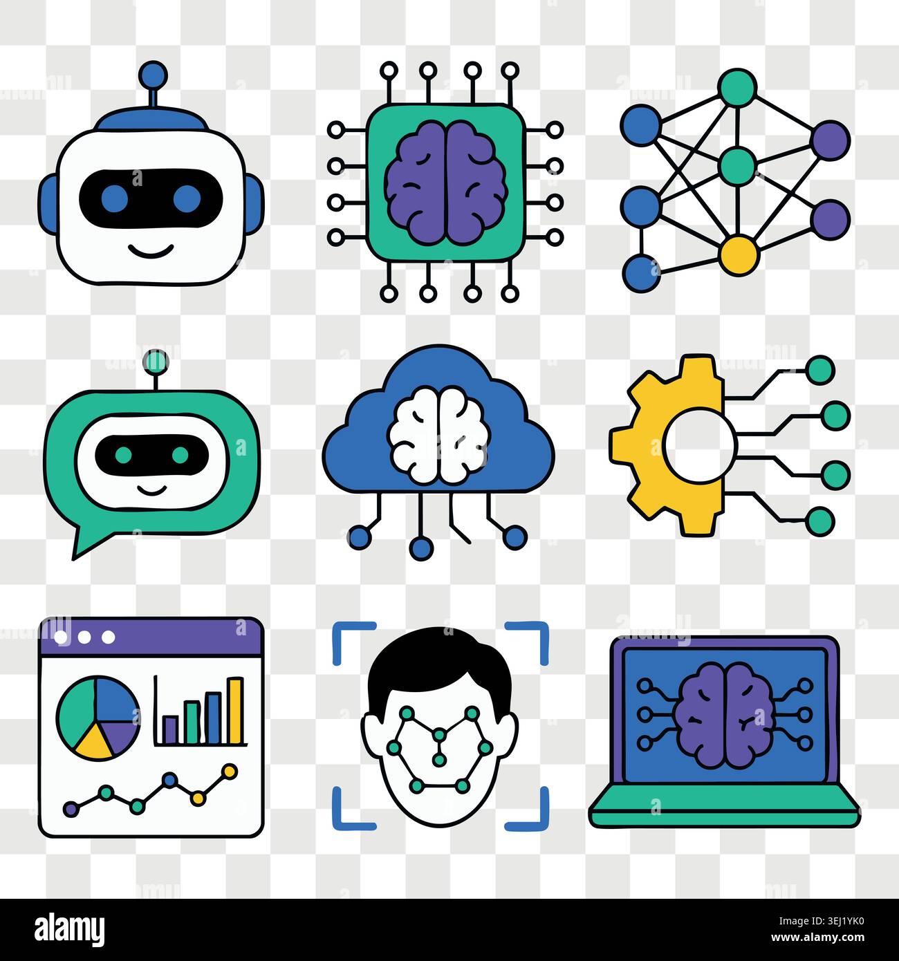 Icone di linea di intelligenza artificiale e tecnologia digitale che includono reti neurali, assistenti virtuali ed elementi di elaborazione dati intelligenti per software futuristici e. Illustrazione Vettoriale